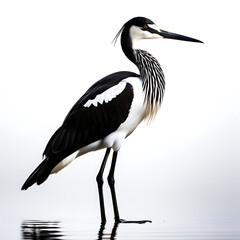 Obraz premium Elegant Avocet with striking black and white plumage, long slender legs, and a distinctive upturned bill, gracefully poised against a seamless white background.