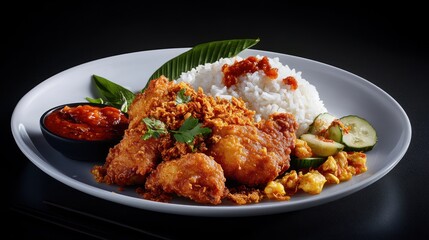 Delicious Crispy Fried Chicken with Rice, Sambal, and Cucumber