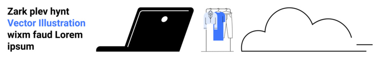 Abstract design with a minimalist laptop, human figures interacting with data, and a cloud icon. Ideal for technology, data management, cloud computing, teamwork, digital communication, online