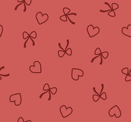 Seamless abstract pattern with red hearts and bow on red background.