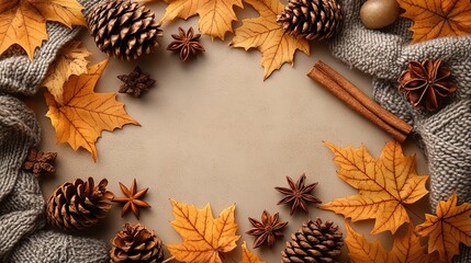 Autumn aesthetic concept A top-view photo of yellow maple leaves, cinnamon sticks, anise stars, pine cones, and a scarf on an isolated beige background with empty space