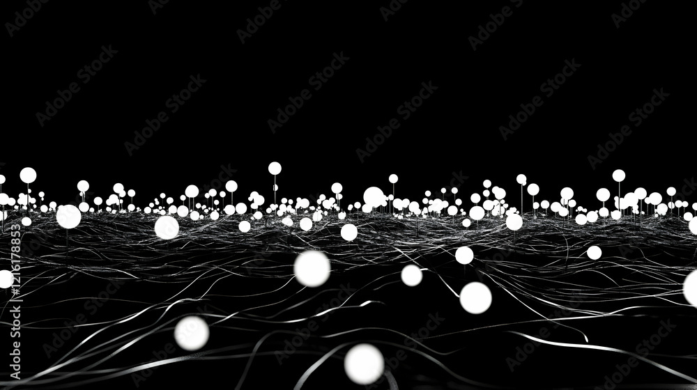 Poster glowing spheres float above a network of lines in a dark abstract 3d illustration