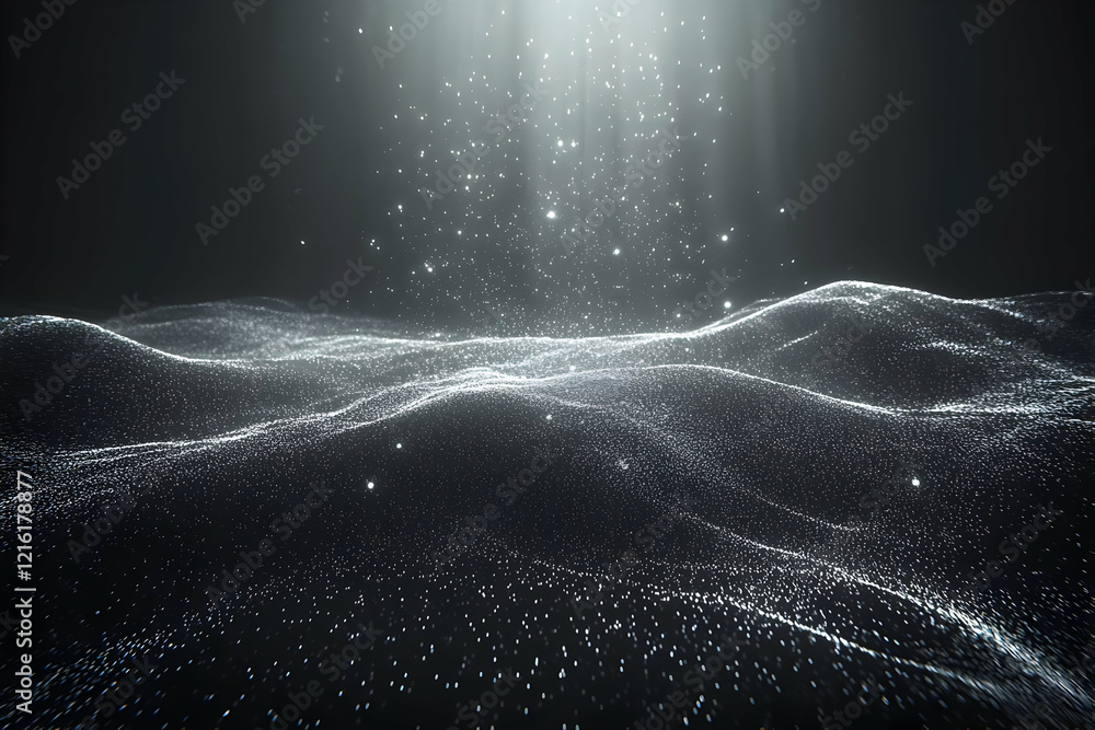 Aufkleber abstract background with wavy surface and particles flows beautifully in dark environment.