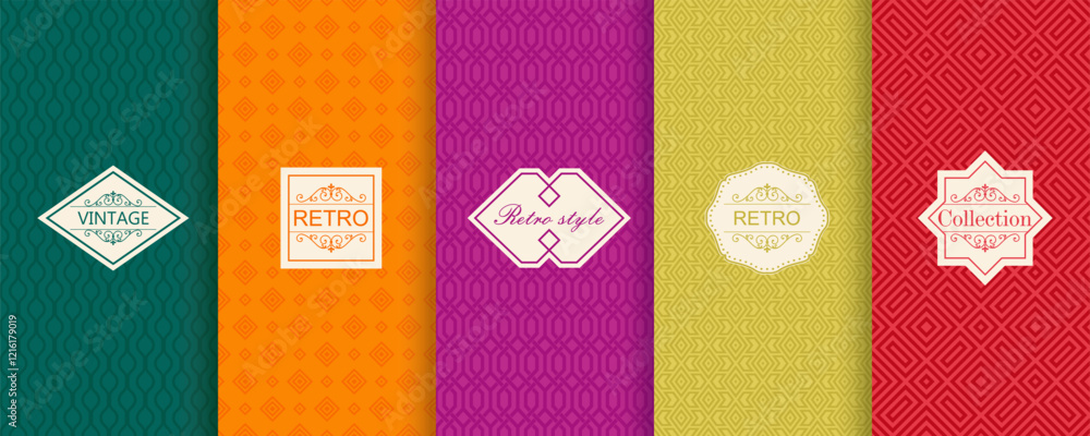 Poster Vector geometric seamless patterns. Trendy set of abstract colorful backgrounds with minimal labels, frames. Abstract modern retro line ornament textures. Design for print, decor, package, banner