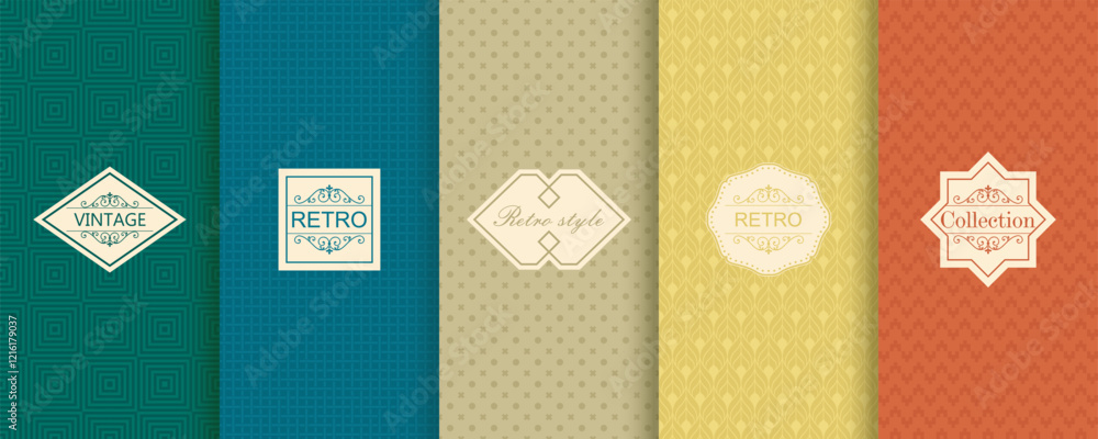 Aufkleber Vector geometric seamless patterns. Trendy set of abstract colorful backgrounds with minimal labels, frames. Abstract modern retro line ornament textures. Design for print, decor, package, banner