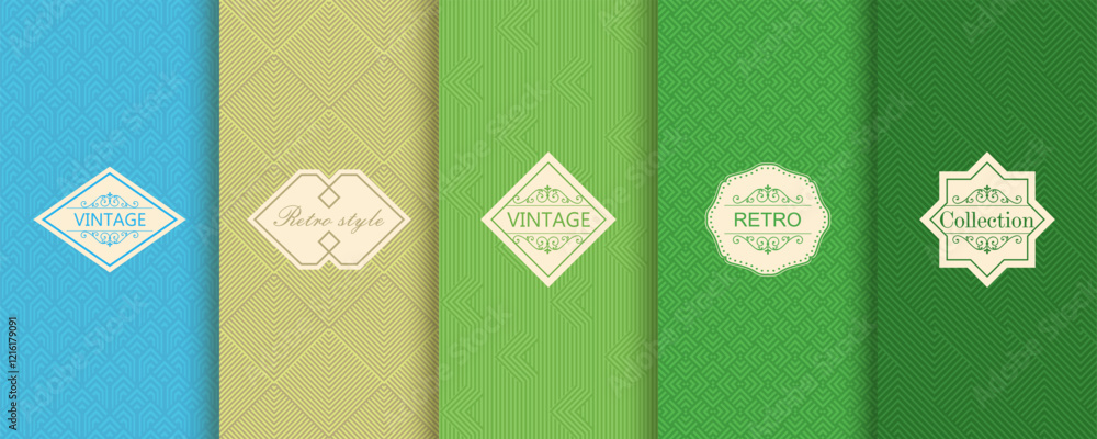 Poster Vector geometric seamless patterns. Trendy set of abstract colorful backgrounds with minimal labels, frames. Abstract modern retro line ornament textures. Design for print, decor, package, banner