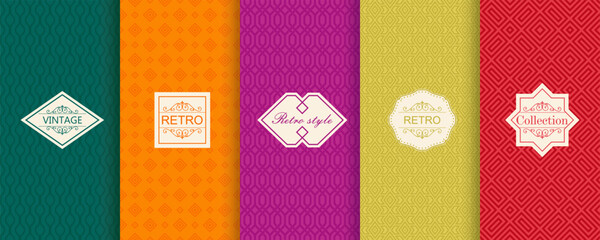 Vector geometric seamless patterns. Trendy set of abstract colorful backgrounds with minimal labels, frames. Abstract modern retro line ornament textures. Design for print, decor, package, banner