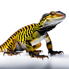Vibrant Ackie Monitor Lizard with Striking Yellow and Black Patterns, Showcasing Its Sleek Body and Sharp Claws Against a Seamless White Background, Capturing Its Unique Beauty and Detail.