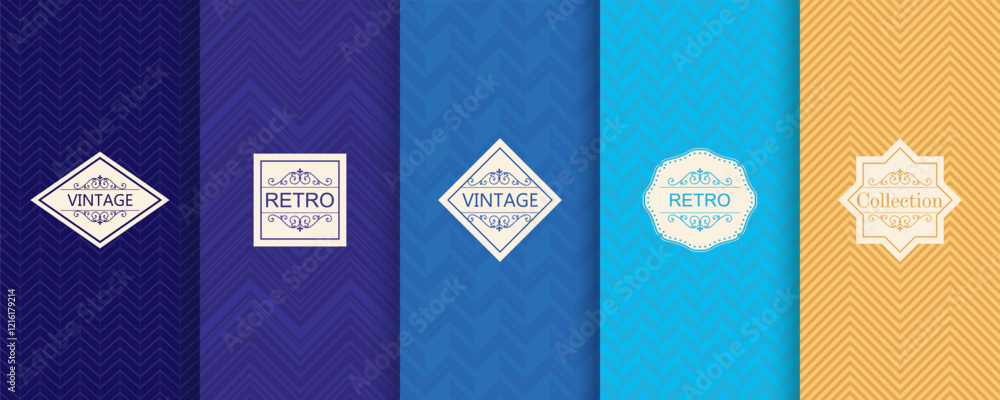 Poster Vector geometric seamless patterns. Trendy set of abstract colorful backgrounds with minimal labels, frames. Abstract modern retro line ornament textures. Design for print, decor, package, banner