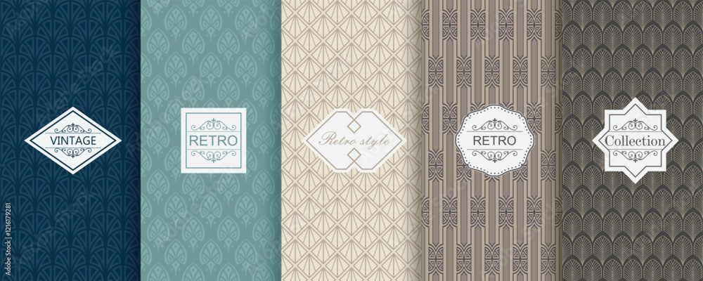 Poster Vector geometric seamless patterns. Trendy set of abstract colorful backgrounds with minimal labels, frames. Abstract modern retro line ornament textures. Design for print, decor, package, banner