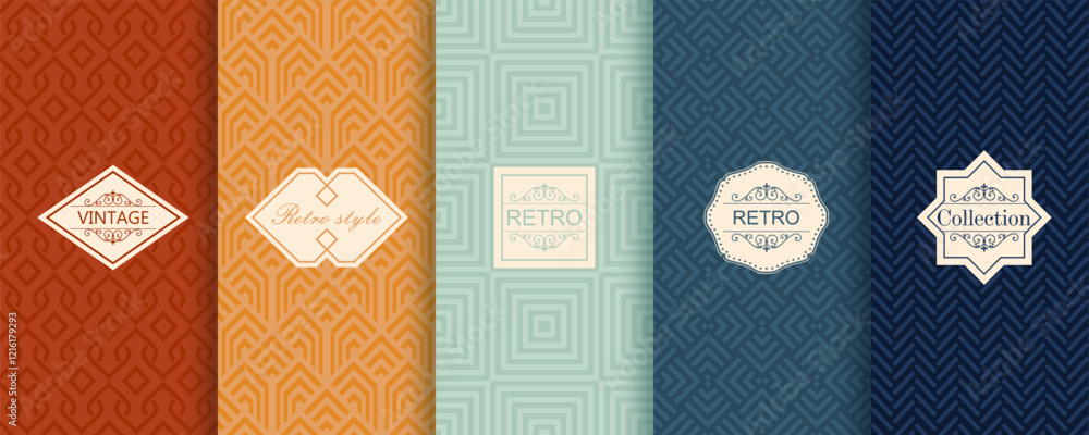 Poster Vector geometric seamless patterns. Trendy set of abstract colorful backgrounds with minimal labels, frames. Abstract modern retro line ornament textures. Design for print, decor, package, banner