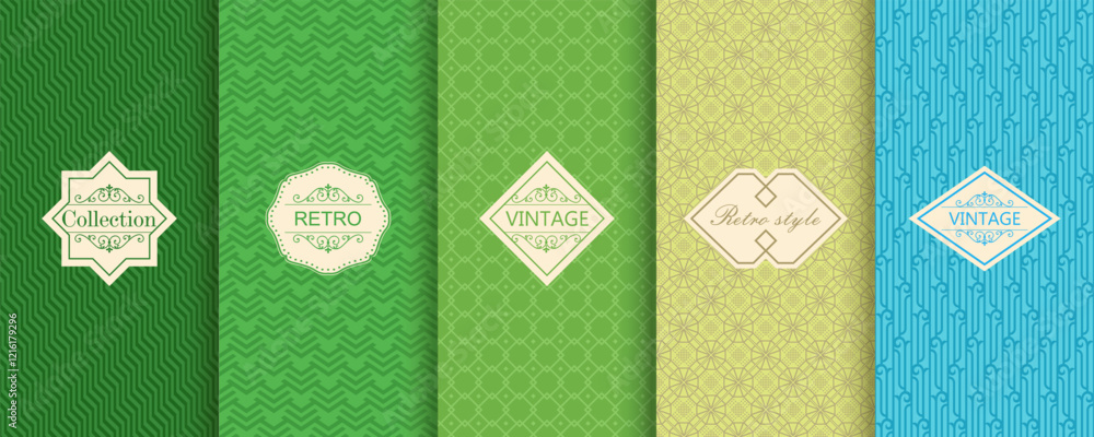 Poster Vector geometric seamless patterns. Trendy set of abstract colorful backgrounds with minimal labels, frames. Abstract modern retro line ornament textures. Design for print, decor, package, banner