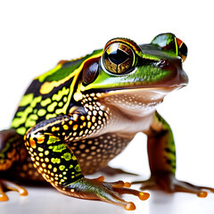 Vibrant African Tree Toad with Distinctive Green and Brown Patterns, Large Golden Eyes, and Smooth Skin, Posed Gracefully Against a Seamless White Background