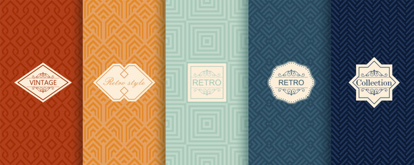 Vector geometric seamless patterns. Trendy set of abstract colorful backgrounds with minimal labels, frames. Abstract modern retro line ornament textures. Design for print, decor, package, banner