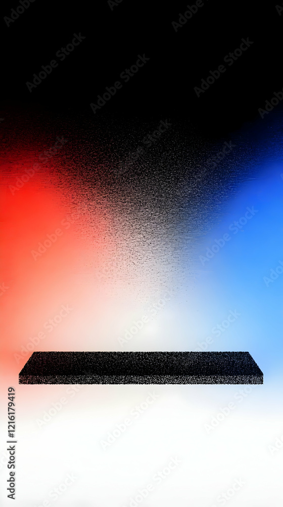 Poster black rectangular platform floats elegantly against a gradient red and blue backdrop with a textured