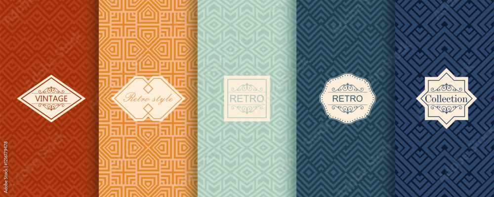 Poster Vector geometric seamless patterns. Trendy set of abstract colorful backgrounds with minimal labels, frames. Abstract modern retro line ornament textures. Design for print, decor, package, banner