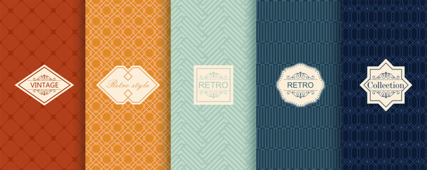 Vector geometric seamless patterns. Trendy set of abstract colorful backgrounds with minimal labels, frames. Abstract modern retro line ornament textures. Design for print, decor, package, banner
