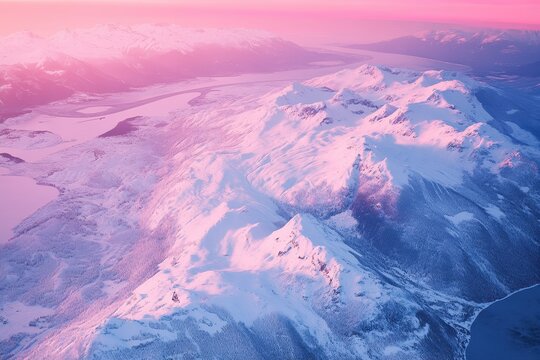 Pink sunrise over snowy mountains, fjord, aerial view
