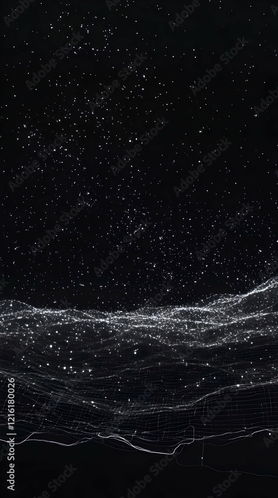 Poster abstract 3d wireframe landscape with sparkling particles on a dark background