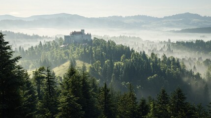 Misty Mountaintop Castle Sunrise, Forest, Travel