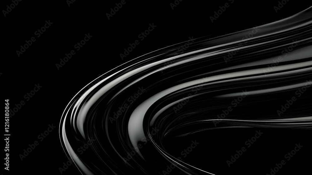 Aufkleber abstract 3d render of shiny black swirling fabric elegantly flowing with dynamic curves on dark back