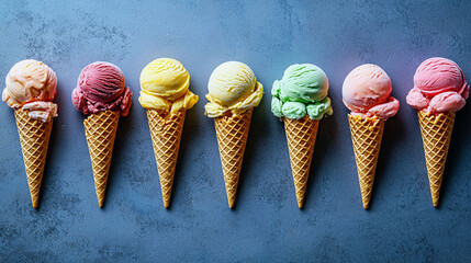A delightful row of colorful ice cream scoops in waffle cones, a refreshing summer treat.