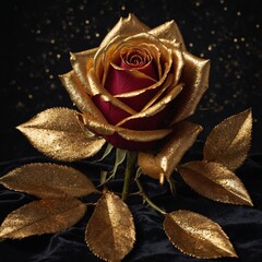 A perfect rose dipped in shimmering gold on a black velvet backdrop.