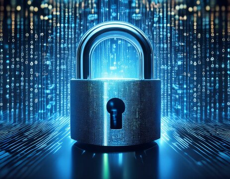 "Cybersecurity concept: a digital padlock with binary code in the background." - Powered by Adobe