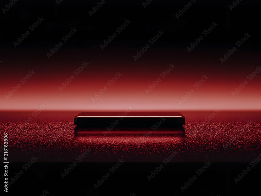 Poster black rectangular platform sits on a red textured surface in a dark setting with red ambient lightin