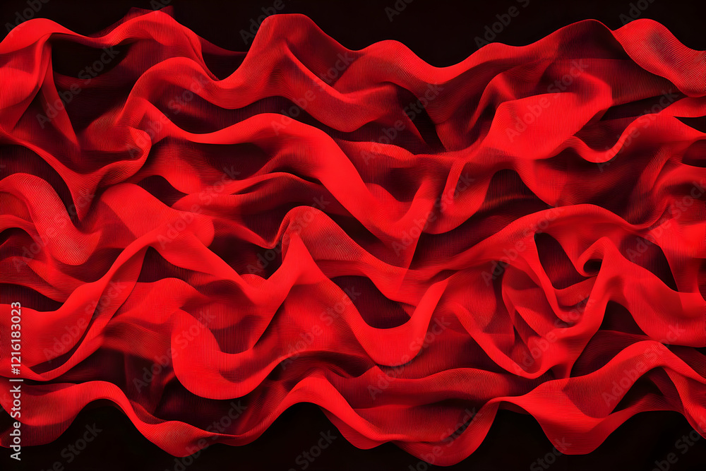 Poster red fabric waves flow across a dark background, creating a dramatic and textured abstract.