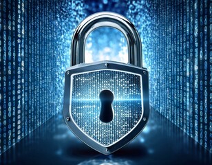 "Cybersecurity concept: a digital padlock with binary code in the background."