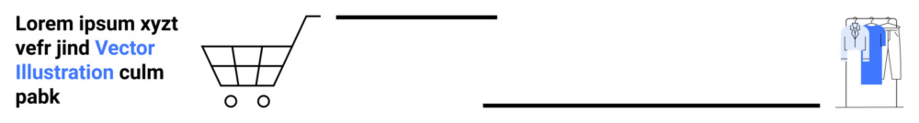 Shopping cart with clothes on hanger connected by black lines, showing online buying path. Ideal for e-commerce guides, online shopping, retail websites, purchase process, product selection, digital