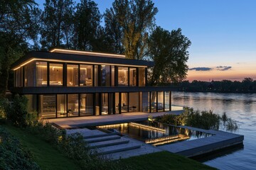 Evening view modern riverside house with clean architecture