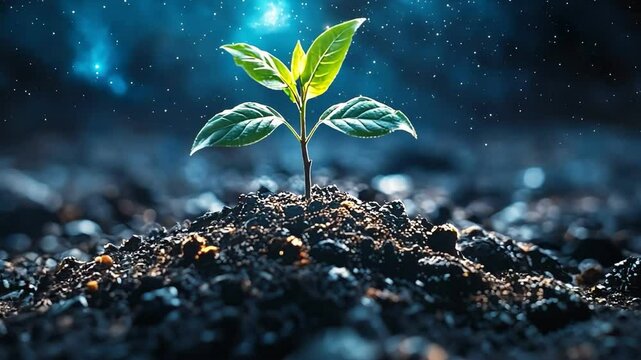 A vibrant green plant emerging from dark soil against a starry cosmic background.