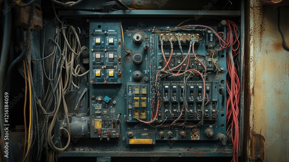 Poster close-up of the interior of an electrical control cabinet, displaying a complex array of wires and c
