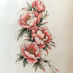 Carp fish and chrysanthemum tattoo by hand drawing.Tattoo art highly detailed in line art style.