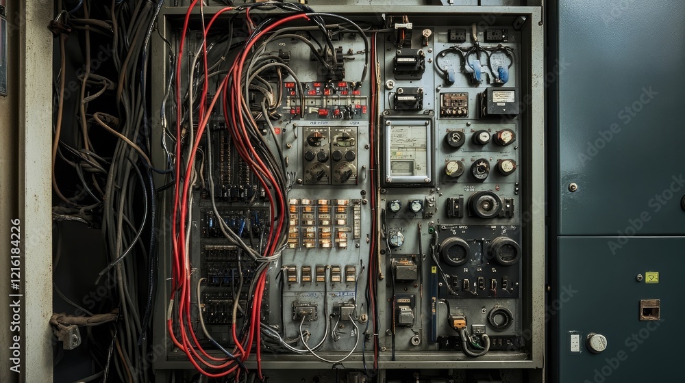Poster Close-up of the interior of an electrical control cabinet, displaying a complex array of wires and components crucial for industrial building functions