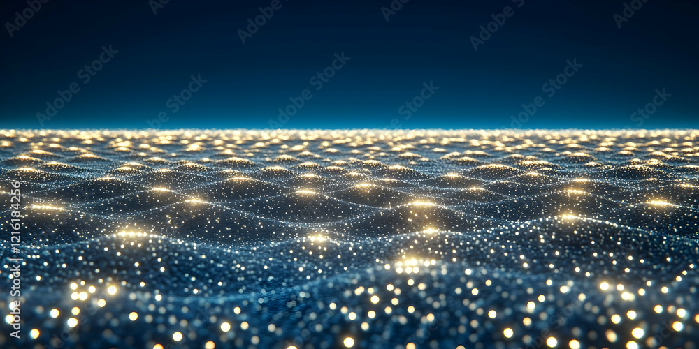 Aufkleber abstract golden particles flowing in waves with beautiful bokeh effect on dark background.