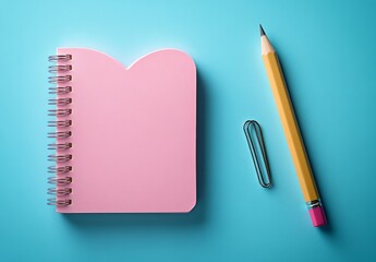 A pink heart-shaped notebook with a pencil on a blue background