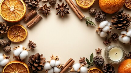Fototapeta premium Autumnal attributes concept, cinnamon sticks, Chinese anise, dried oranges, pinecones, cotton, acorns, leaves and candles forming an empty circle for text on a beige isolated background.