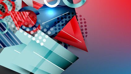 Abstract background - overlapping circles, rectangles, and triangles with vibrant gradients. Semi-transparent shapes create depth and balance