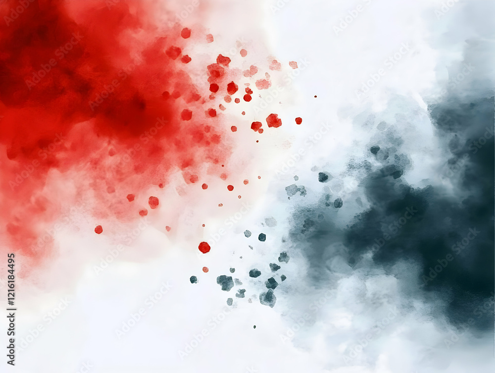 Poster red and blue watercolor splashes merge dynamically on white background with colorful splatter effect