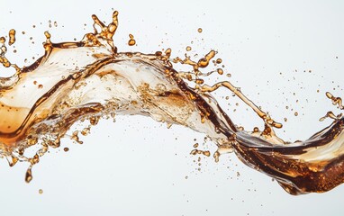 Chocolate caramel splash with rich golden hues, suspended in the air against a bright white background