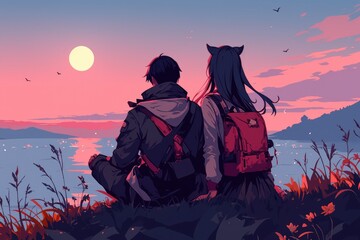 Couple Silhouetted Against Sunset Over Water