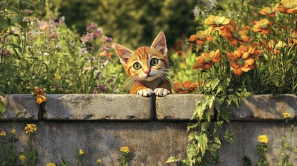 Cute kitten playfully peeking over a low concrete wall in a lush garden, full of vibrant flowers and greenery, adding a touch of charm to the scene