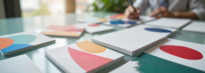 Group of Business Card Mockups on a desk with colorful designs
