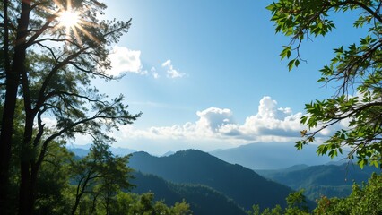 Obraz premium Majestic Mountain Panorama with Sunburst Through Pine Trees