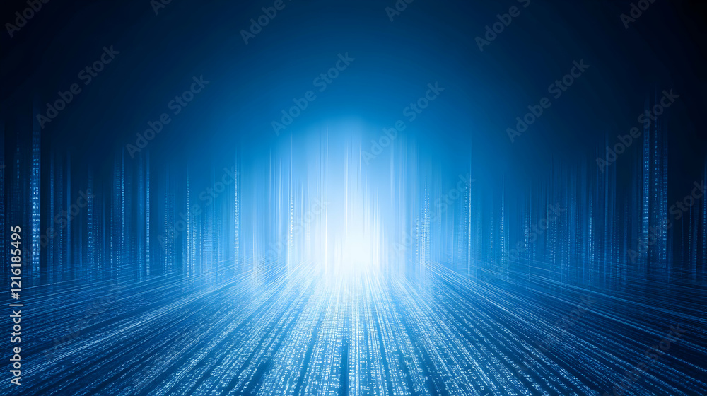 Poster abstract blue data stream flows towards bright light, symbolizing information transfer and technolog