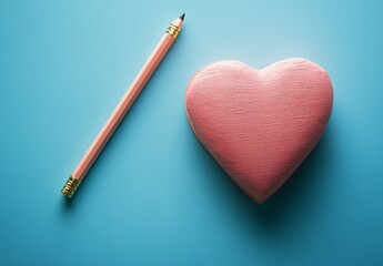 A pink heart-shaped notebook with a pencil on a blue background