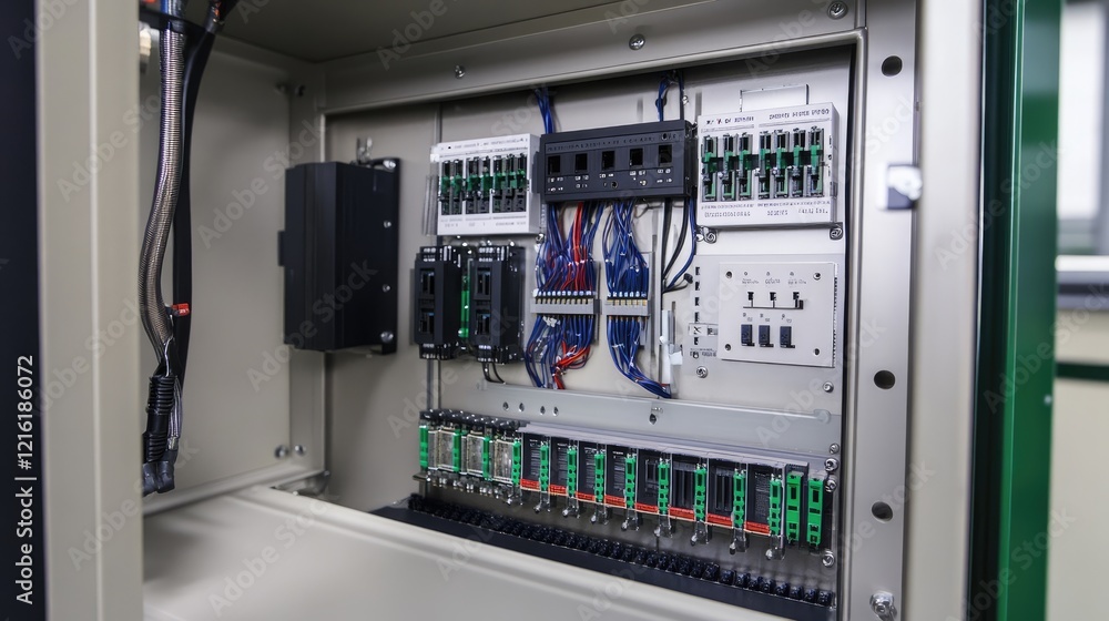 Poster detailed shot of complex wiring inside an electrical control cabinet for industrial applications, sh
